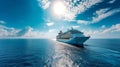 A large cruise ship sails across the endless blue ocean on a bright sunny day Royalty Free Stock Photo