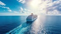 A large cruise ship sails across the endless blue ocean on a bright sunny day Royalty Free Stock Photo