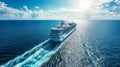 A large cruise ship sails across the endless blue ocean on a bright sunny day Royalty Free Stock Photo