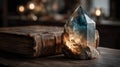 Large crystal placed on top of old books in a warmly lit setting captured in dramatic studio lighting for a refined Royalty Free Stock Photo