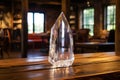 a large crystal placed on a wooden table