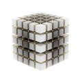 3D Render of a Large Cube Composed of Smaller Cubes with Gold Connectors on White Background Royalty Free Stock Photo