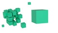 Large cube with space for text or a logo against a background of flying turquoise cubes. Isolated on a white background.