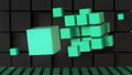 Large cube with space for text or a logo against a background of flying turquoise cubes and a wall of dark boxes. Royalty Free Stock Photo