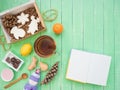 Glass cup of black tea, chocolate and gingerbread gingerbread on a mint-colored table Royalty Free Stock Photo