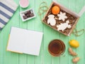 Glass cup of black tea, chocolate and gingerbread gingerbread on a mint-colored table Royalty Free Stock Photo