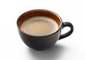 Large cup of fresh hot morning coffee with creamy foam on white background