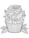 large cupcake with roses flowers graphics for coloring for children and adults