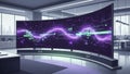 Large Curved Screen Displaying Abstract Digital Waveforms in a Modern Office Environment Royalty Free Stock Photo