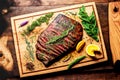 large cut piece of fragrant flank steak on wooden board with vegetables and herbs