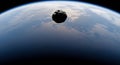 Large dark asteroid hovers above the blue planet Royalty Free Stock Photo