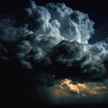 Large, dark cloud with lightning in background. This stormy scene is set against an overcast sky and blue-black Royalty Free Stock Photo