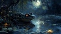 Large Dark Frog in Moonlit Swamp at Night Royalty Free Stock Photo