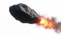 Large dark grey asteroid with rough surface is flying and burning in white space. Fire and smoke come from its bottom side. Royalty Free Stock Photo