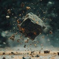 A large, dark stone cube erupts in a powerful, explosive release of smaller rocks and dust Royalty Free Stock Photo