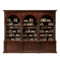 Ornate dark wood library bookcase with three arched sections filled with books isolated on white background Royalty Free Stock Photo