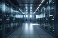 A large data centre with many computer racks in bright light created with generative AI technology