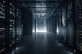 A large data centre with many computer racks in dark light with some fog created with generative AI technology