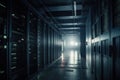 A large data centre with many computer racks in dark light with some fog created with generative AI technology