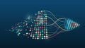Large data stream on a dark background, glowing lines and circles. Data set analysis and visualization. Abstract business Royalty Free Stock Photo