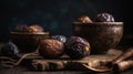 The large date fruits in cups and wooden spoons on a cement with blurred background. Generative AI