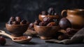 The large date fruits in cups and wooden spoons on a cement with blurred background. Generative AI