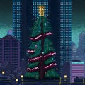 large decorated Christmas tree in city, pixel art, neural network generated
