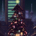 large decorated Christmas tree in city, pixel art, neural network generated Royalty Free Stock Photo
