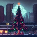 large decorated Christmas tree in city, pixel art, neural network generated Royalty Free Stock Photo