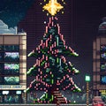 Large decorated Christmas tree in city, pixel art, neural network generated