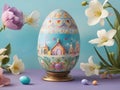 A large decorated Easter egg sits on a purple table. by generative ai