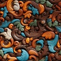 Large decorative floral pattern in brown, blue, and orange (tiled