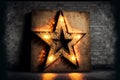 Large decorative retro star with lots of burning lights on grunge concrete background. Beautiful decor, modern design element. The Royalty Free Stock Photo