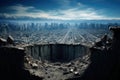 a large deep hole in the center of a vast dystopian city.