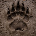 A large, deep paw print impression left in wet mud. The print features five distinct toe Royalty Free Stock Photo