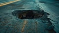 Large deep pothole an example of poor road maintenance due to reducing local council repair budgets. Royalty Free Stock Photo