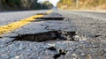 Large deep pothole an example of poor road maintenance due to reducing local council repair budgets. Royalty Free Stock Photo