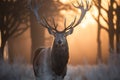 A large deer with beautiful horns stood in the middle of the forest, bright sunlight With Generative AI