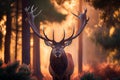 A large deer with beautiful horns stood in the middle of the forest, bright sunlight With Generative AI