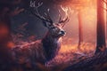 Large Deer Buck in the Morning Foggy Forest. AI generated Illustration