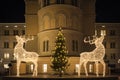 Large deer sculptures made of led lights, decorated Christmas tree and the shining moon Royalty Free Stock Photo