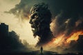 A large demon head made of ash and clouds, a man standing in front of the demon head, Generative AI Royalty Free Stock Photo