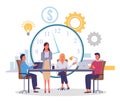 Large desk, employees sitting, businesswoman standing, huge conceptual clock, dollar, infographic