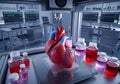Large detailed artificial heart being printed inside advanced 3D printer in medical research lab - AI Generated Royalty Free Stock Photo