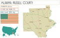 Map of Russell county in Alabama, USA.