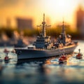 Large, detailed model of battleship floating on water. It is surrounded by several smaller boats and ships, creating an