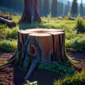 Large detailed picturesque wooden stump in the forest, deforestation, old rotten stump,