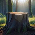 Large detailed picturesque wooden stump in the forest, deforestation, old rotten stump,