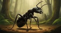 A large, detailed rendering of a black ant is situated on a forest floor. The ant