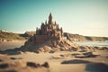 Large detailed yellow sand castle on the sea beach